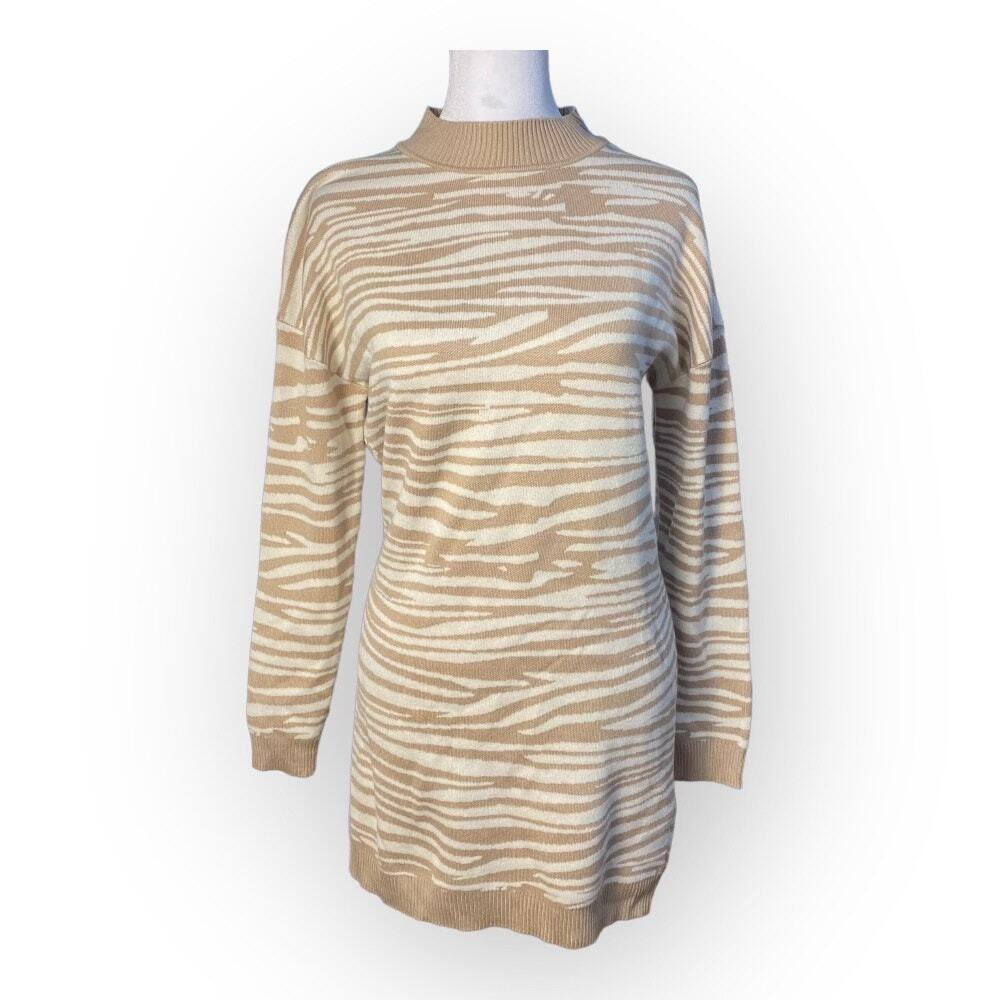 WAYF Intarsia Zebra Print Sweater Dress In‎ Beige Size S